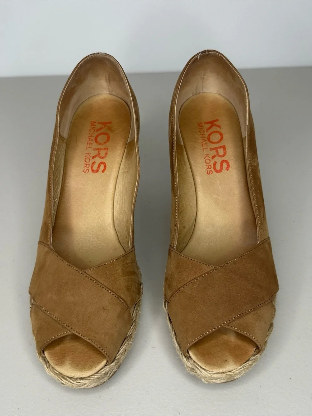 Michael Kors Leather Espadrille Wedge Peep Toe Pumps Women’s Size 7? Camel Brown